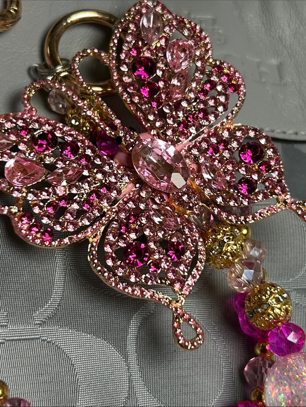 Keychain Pink and Gold Crystal Butterfly Necklace